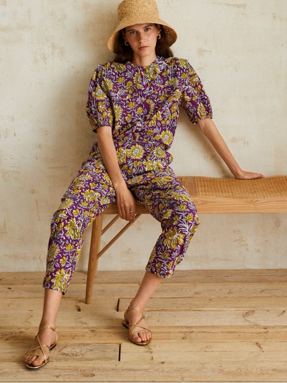 NWT Yerse Purple Floral Print Cotton Jumpsuit